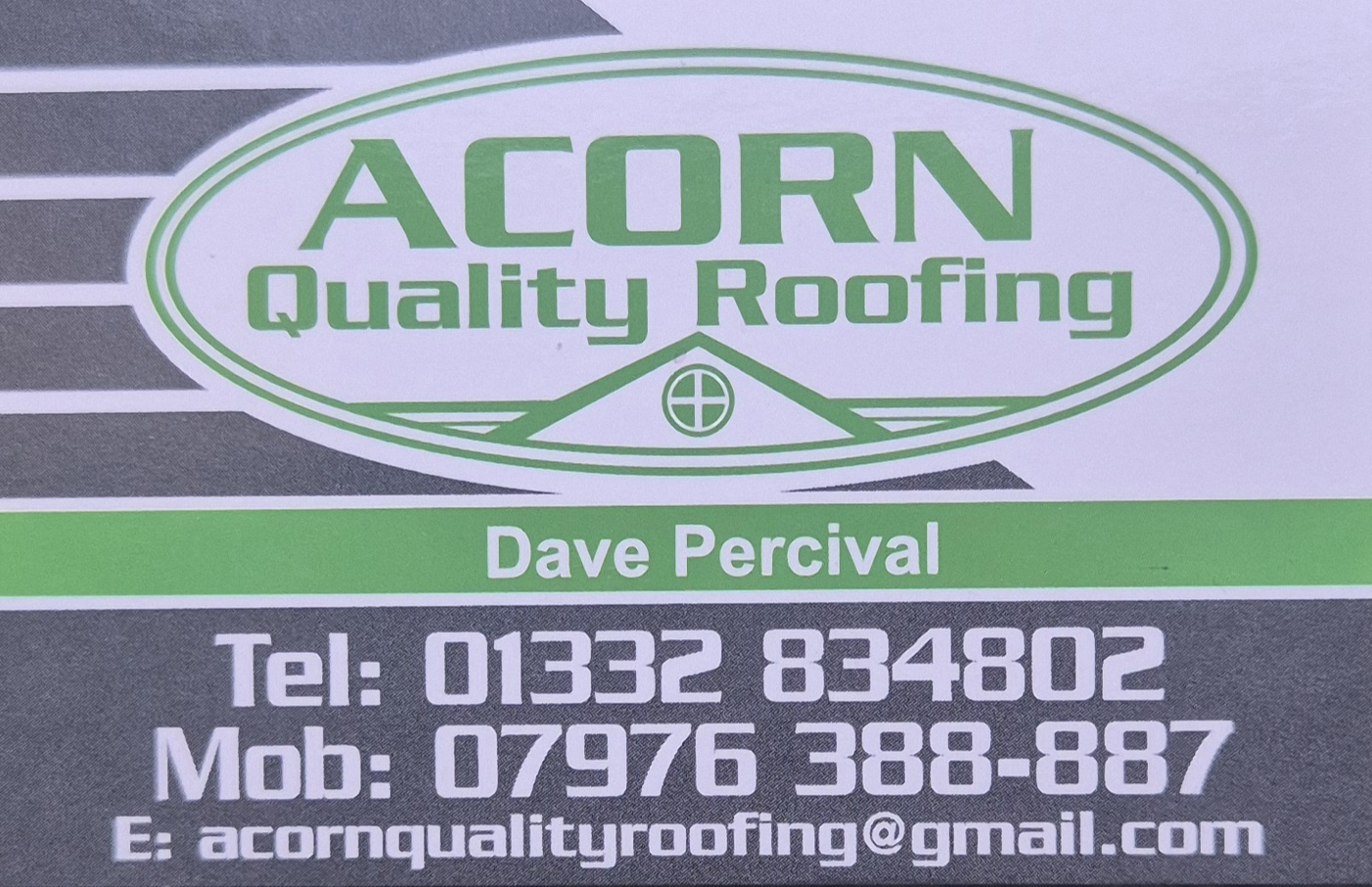 Acorn Quality Roofing business card with Dave Percival's contact details